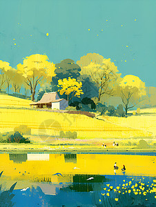 金黄麦田里的湖泊背景图片