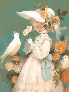 帽子和花朵女孩和小鸟插画