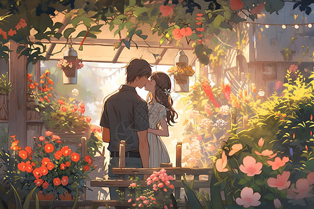 花丛中的情侣夕阳花园中的温馨时刻插画