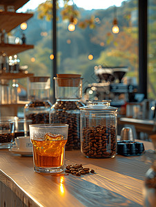 饮品桌子山脉里的咖啡店背景