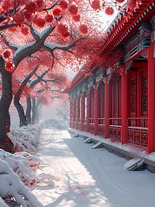 红墙树影红墙雪景插画