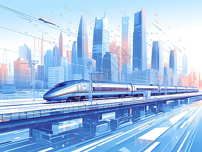 高速轨道城市景观前的高速列车插画