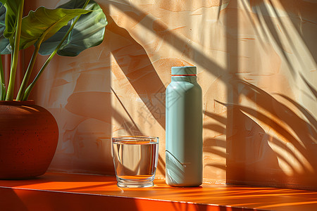 大马猴玻璃水杯阳光下的瓶子背景