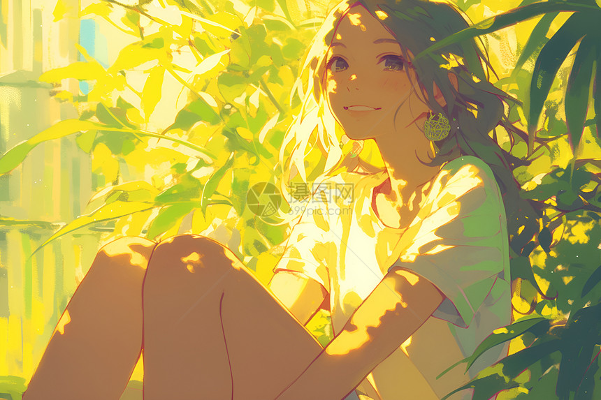 阳光树影下的女孩图片