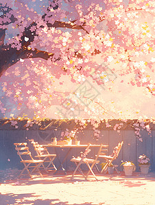 桃树下的桌椅背景图片