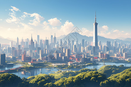 江水边的繁华城市背景图片