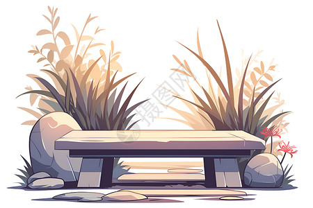 多石的石凳旁的植物插画