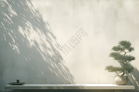 盆栽松树白墙下的长条石凳插画