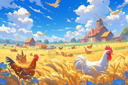 鸡鸭鹅肉乡村的生活插画