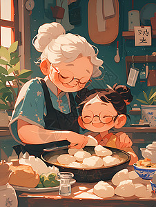 居家女性厨房牛排制作温馨的厨房插画