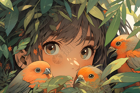 包围树叶被鹦鹉包围的女孩插画