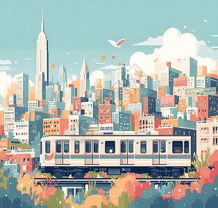 铁路交通城市里的铁路插画