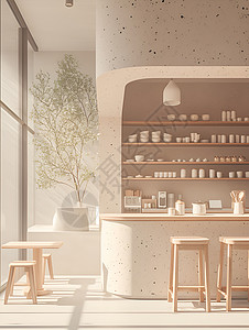 奶茶店的木质桌椅背景图片