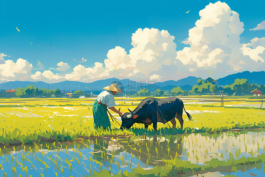 农民牵着水牛在田野里劳作图片