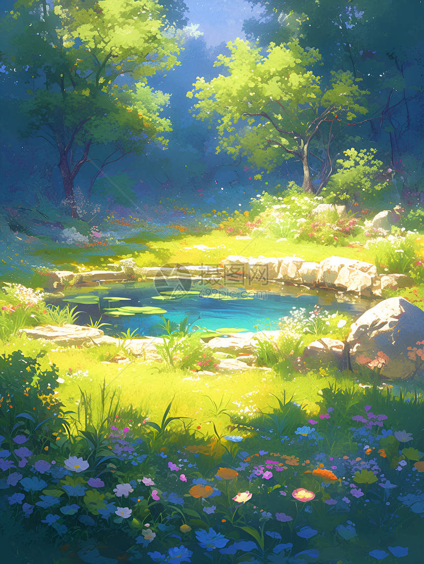阳光下的池塘图片