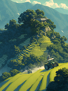 翠绿梯田上的拖拉机背景图片