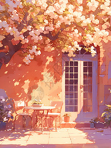 桃花树下的桌椅背景图片