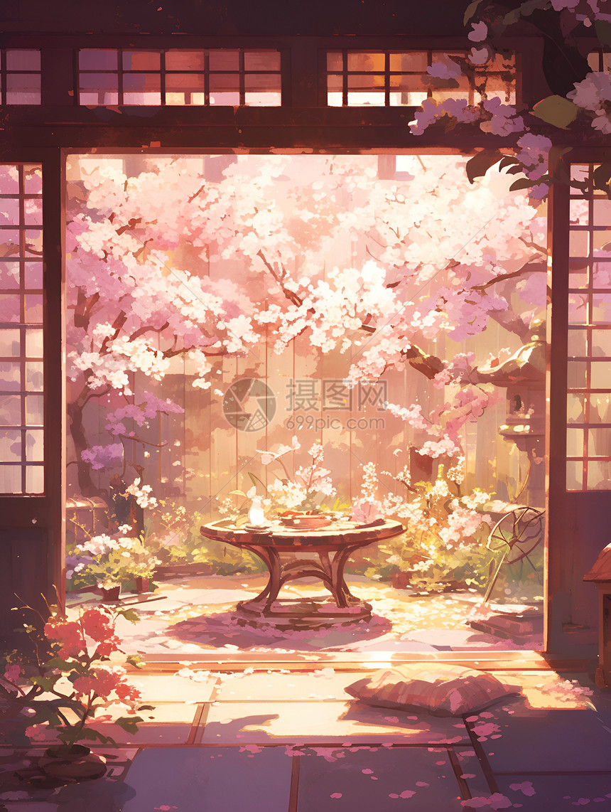 樱花树下的石桌图片