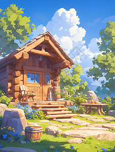 蓝天下的小木屋背景图片