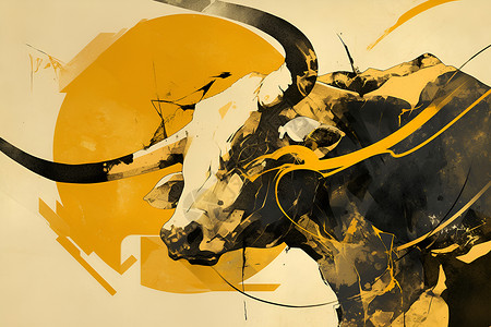 水墨牛大黄金牛金色与黑色的传统与科技奇迹结合的动态水墨画插画