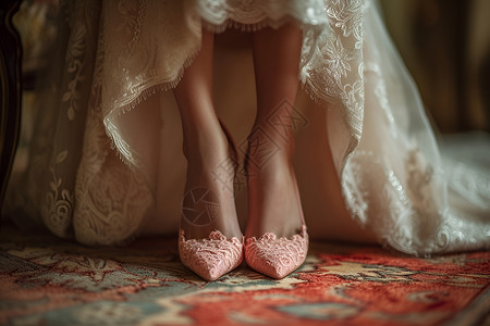 新娘的粉色缎面高跟鞋背景图片