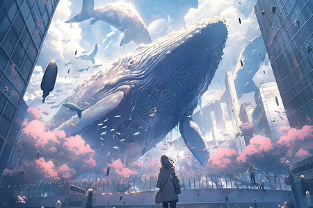 巨鲸遨游城市背景图片