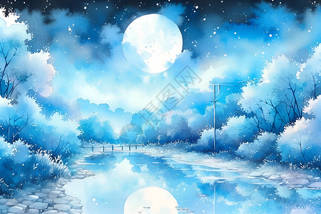 月光倾泻河水如镜插画