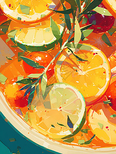 美味橙子冰饮果蔬盛宴插画
