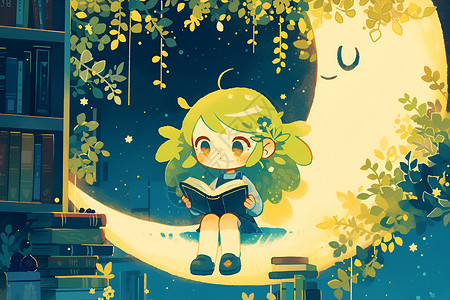 月亮下看书的女孩背景图片