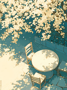 石疗桃花园下的石桌椅插画