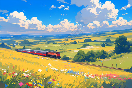 向美丽出发火车向春天驶去插画