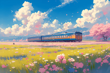 春天的火车火车穿越着繁花插画
