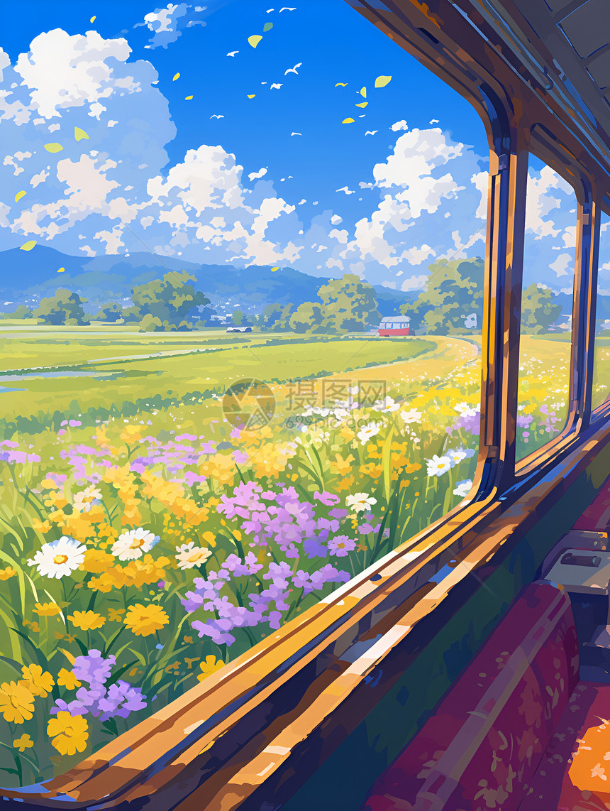 窗外春意盎然火车图片