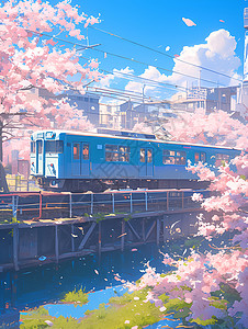 樱花和火车樱花与铁道之美插画