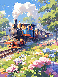 全新起航春天起航的火车插画