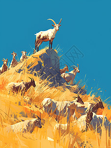 山上山羊自由放牧山上的羊群插画