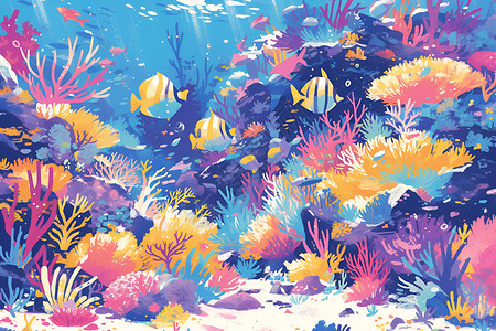 彩色渐变珊瑚群海底彩色的珊瑚插画