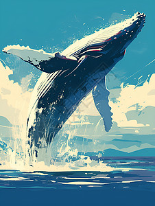 跃出水面鲸鱼翻身入海插画