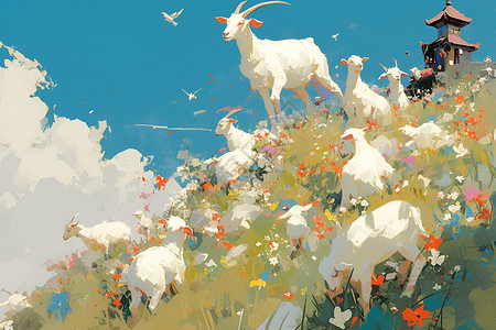野花丛中嬉戏的小山羊高清图片