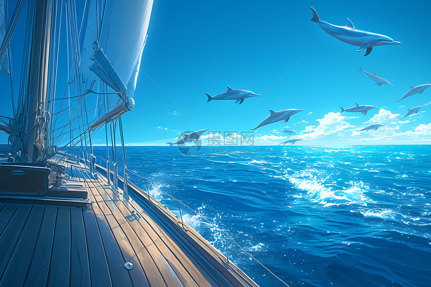 海面上的海豚和船只图片
