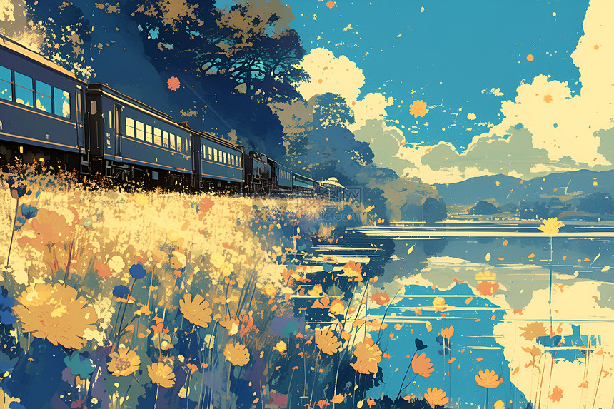春天火车之旅的氛围艺术图片