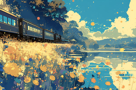 春天火车之旅的氛围艺术插画