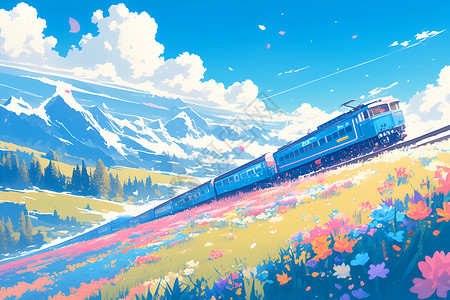 室内天花春天花海中的火车插画