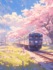 火车穿越春天背景图片
