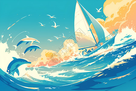 海上旅行海上的帆船和海豚插画