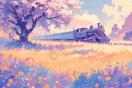 铁路道口春季列车的神奇场景插画