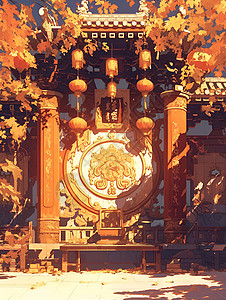 华丽家居中国古代文化的灯笼与华丽座椅插画