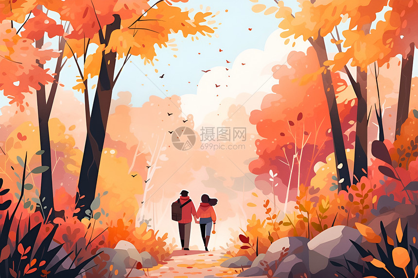 秋日漫步林间的情侣图片