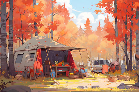 户外体验露营者在森林中的秋季体验插画