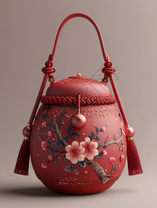 木板上的包红色福袋上的传统花纹插画
